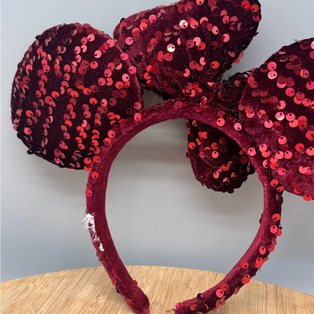 Disney‎ Parks Minnie Ears Dark Red Velour Sequin Tokyo Disneyland Japan Headband